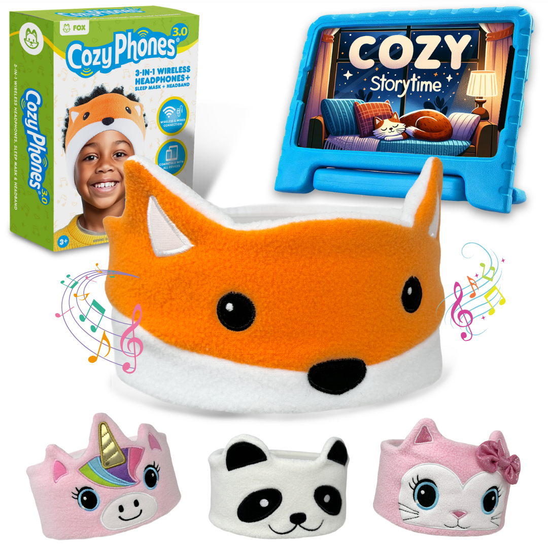Fox CozyPhones kids headband headphones with Cozy Storytime on a tablet, plus Unicorn, Panda and Kitty styles