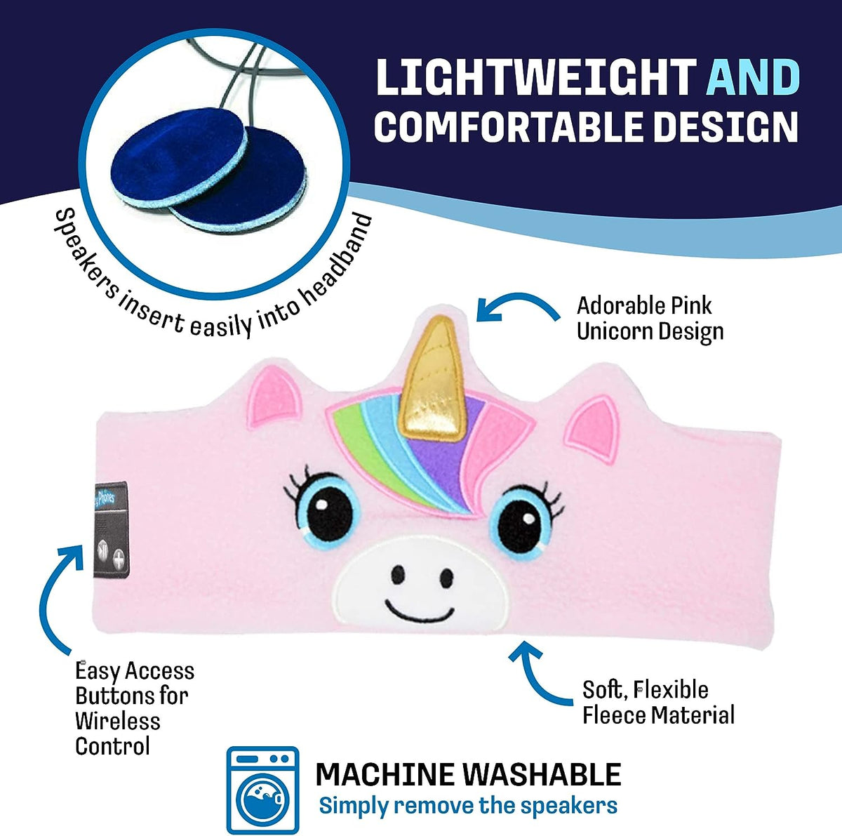 Pink Unicorn CozyPhones with flat speakers that slip into a lightweight fleece headband