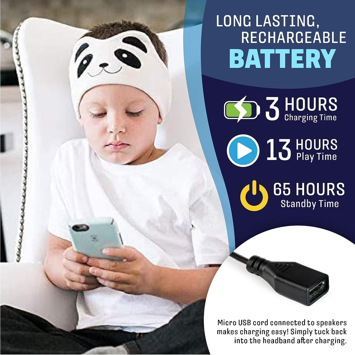 Child wearing Panda CozyPhones while using a phone