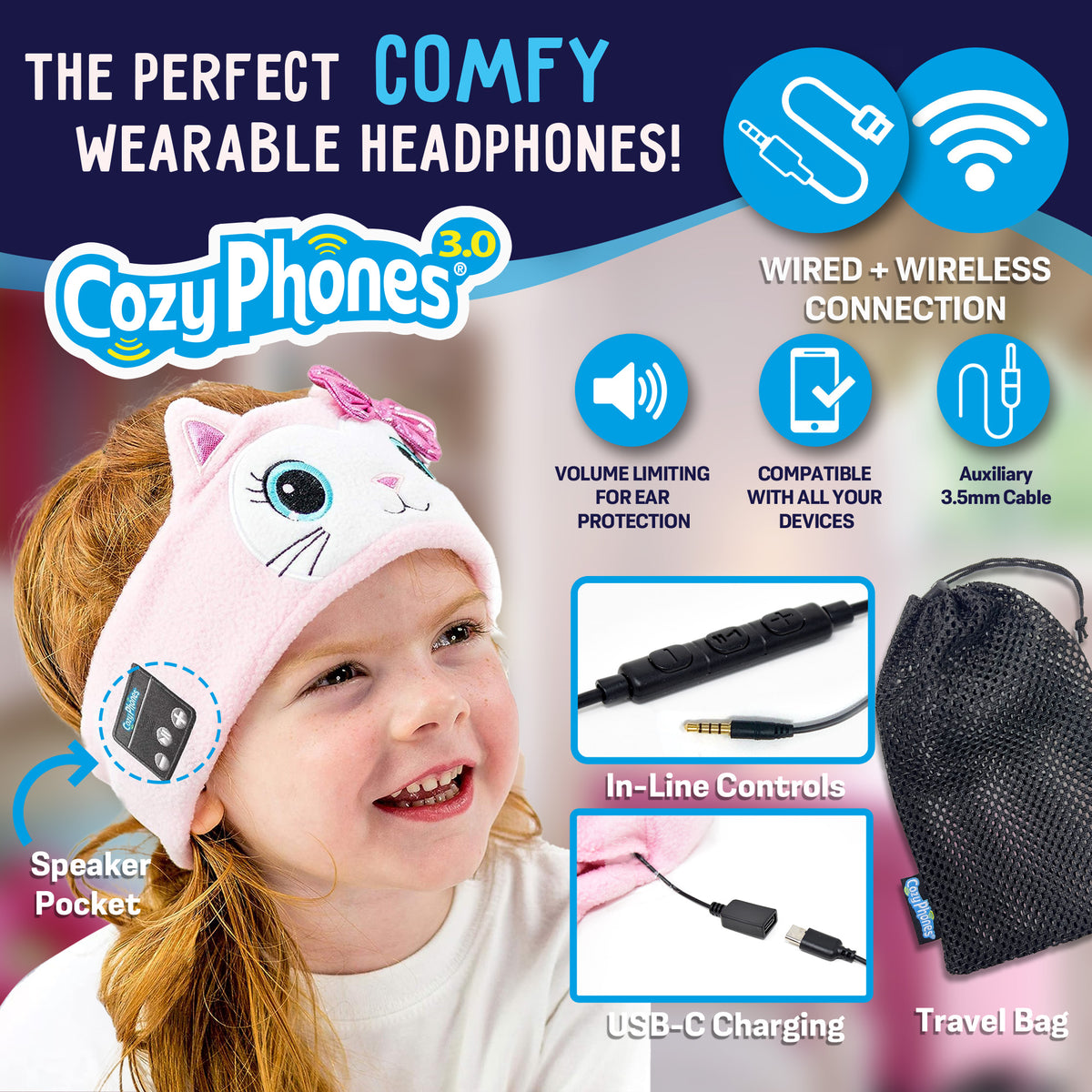 Child wearing Pink Kitty CozyPhones with the audio cable, USB-C charging cable and mesh travel bag