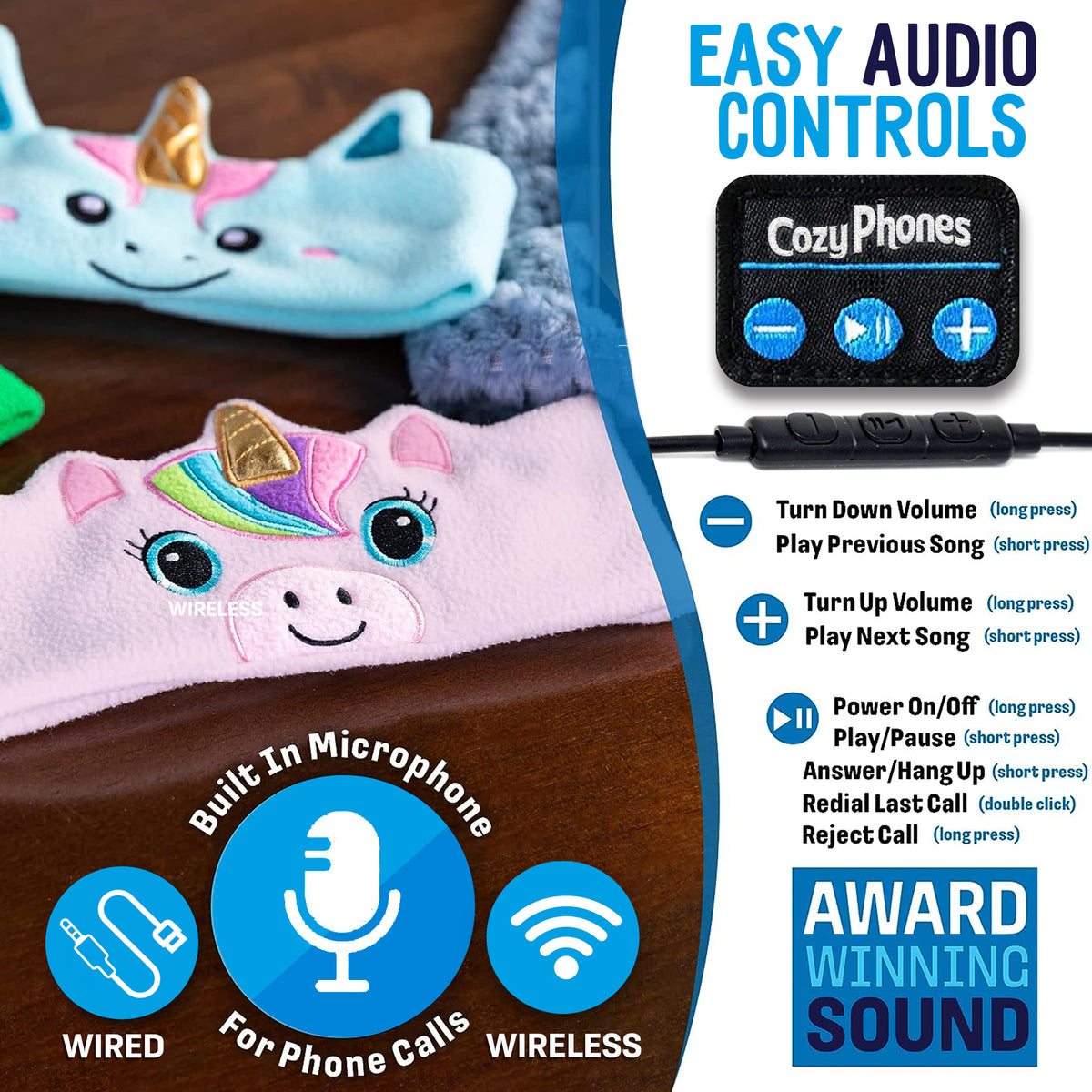 Unicorn CozyPhones with built-in microphone and button controls