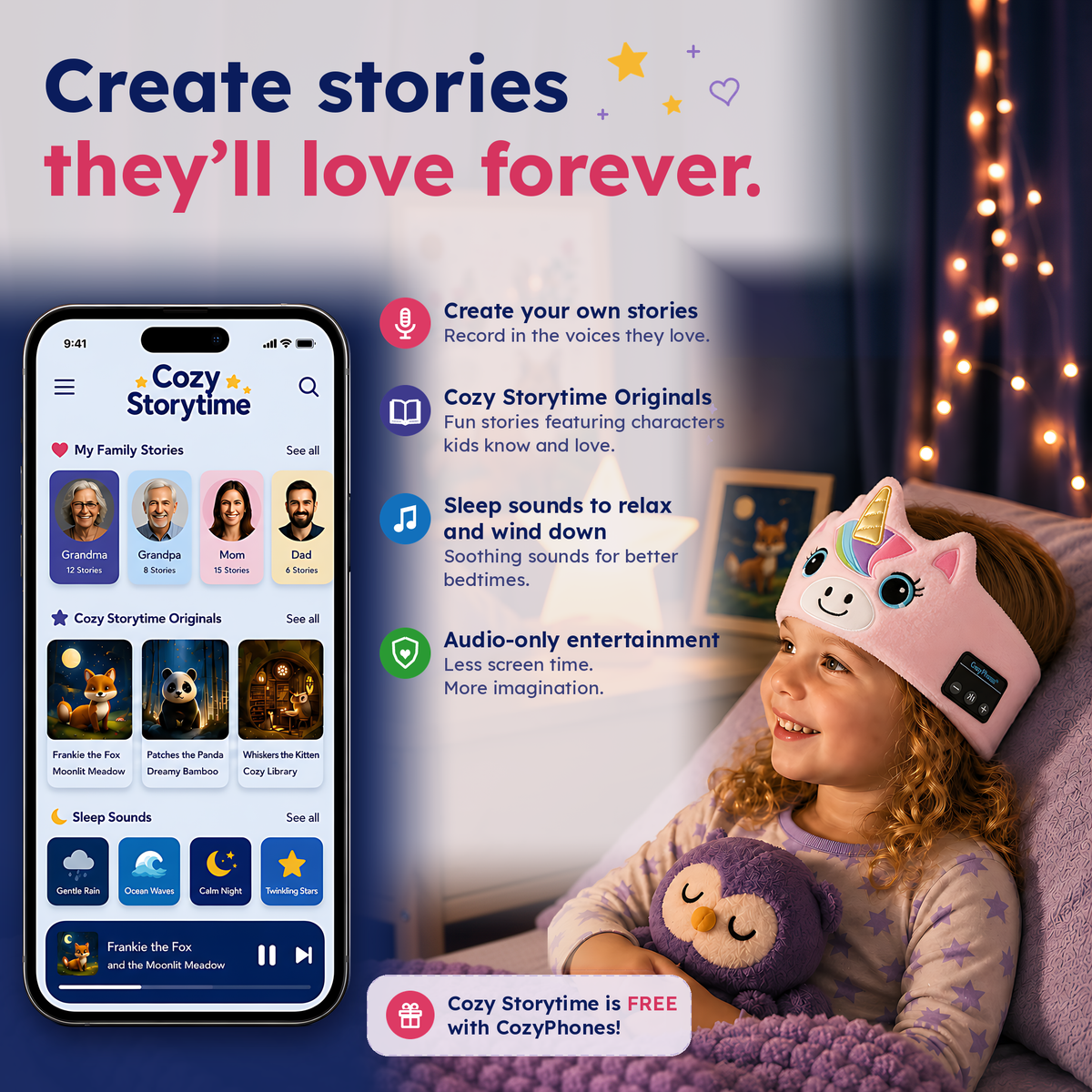 Cozy Storytime app on a tablet, free with CozyPhones: bedtime stories recorded in your own voice